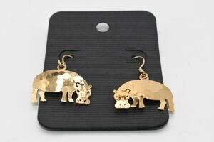 Wild Bryde Hippo Earrings Gold Tone Dangle NOS Animal Signed